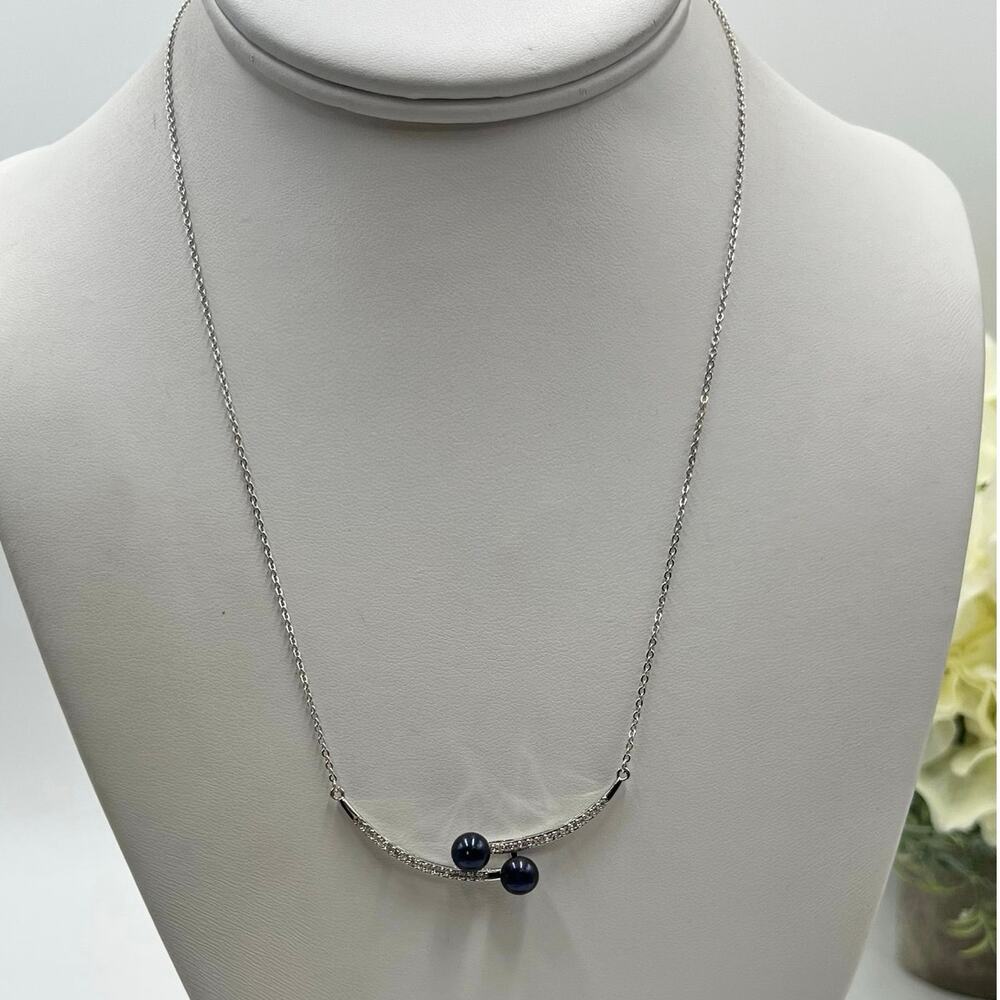 S925 Sterling‎ Silver CZ Curved Bar Necklace with Two 5mm Black Pearls 20" Chain